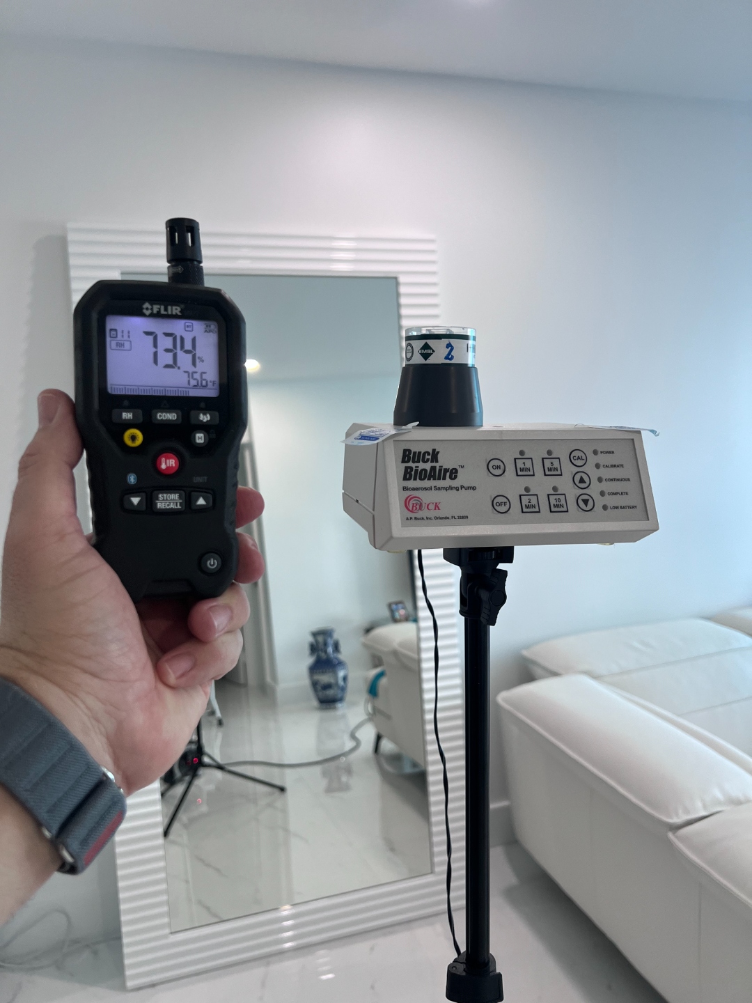 Air quality testing equipment including bioaerosol pump and humidity sensor in residential bedroom