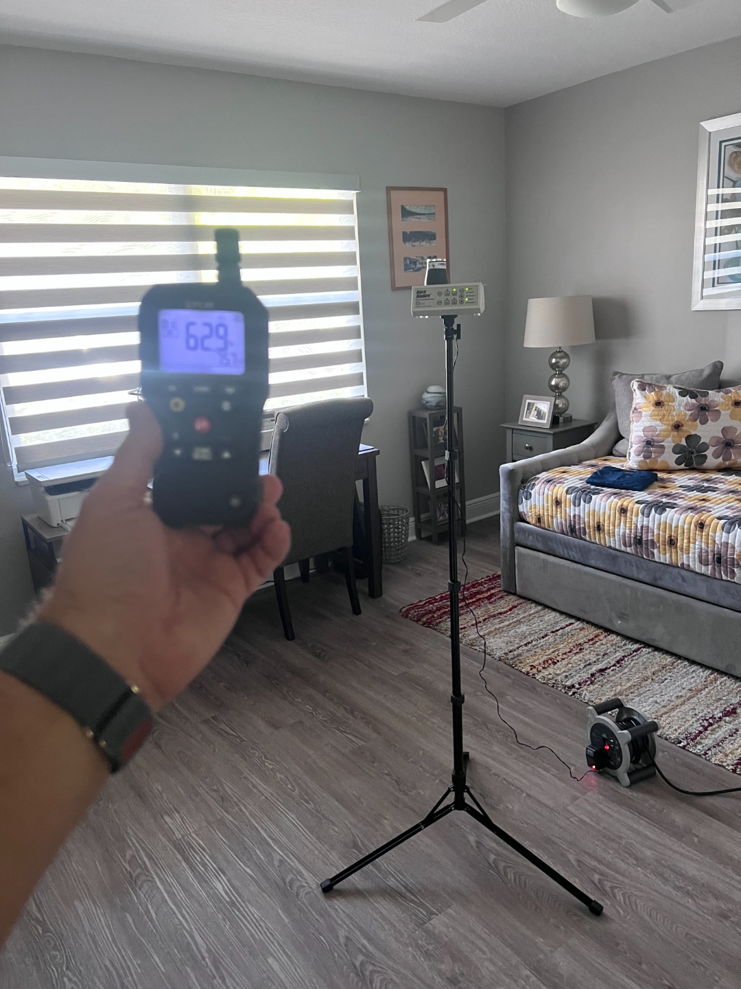 FLIR moisture meter and Buck BioAire air sampling pump set up on tripod during home inspection