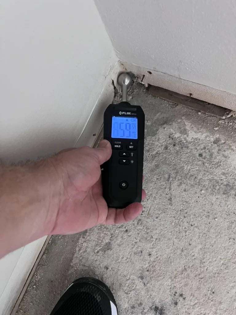 FLIR pin moisture meter taking a reading at a wall corner with visible staining during a mold inspection