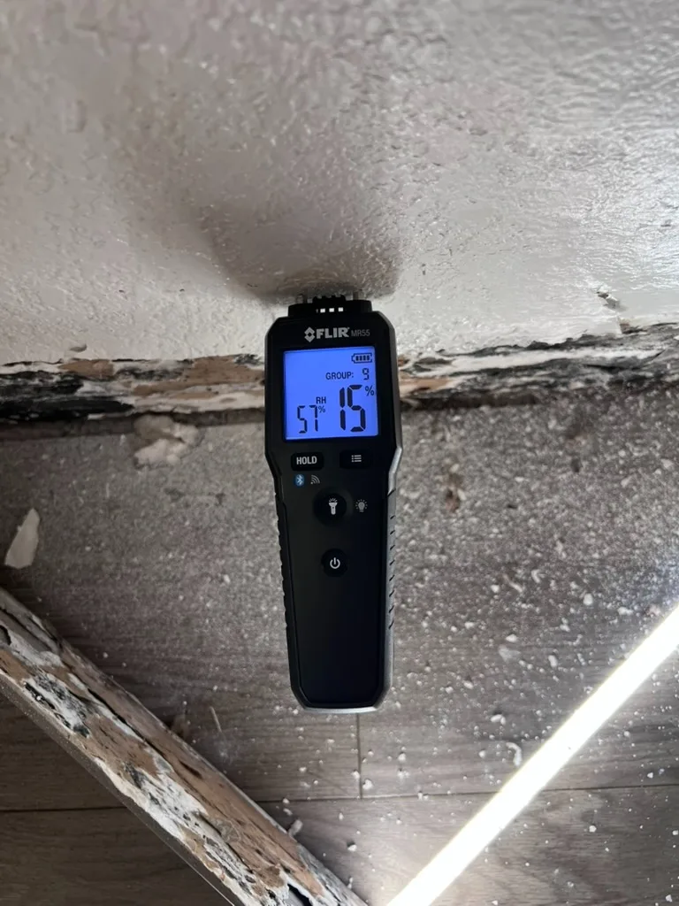 FLIR MR55 moisture meter measuring a stained and peeling ceiling with visible water damage