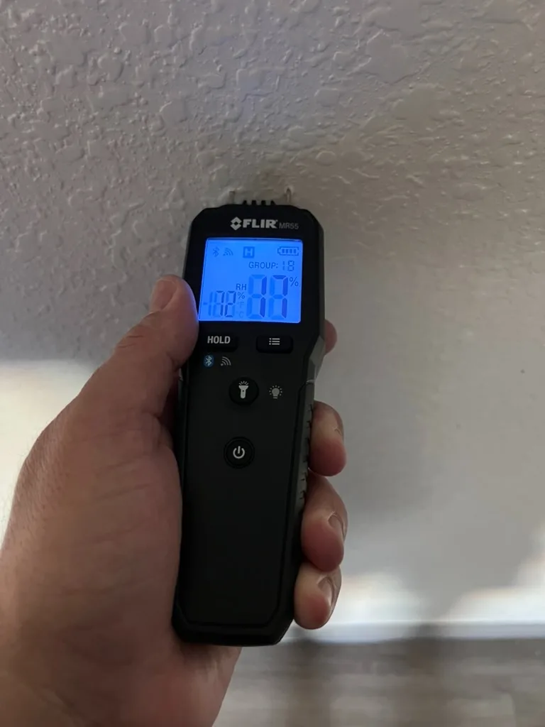 FLIR MR55 pin moisture meter checking a textured ceiling for moisture during a mold inspection