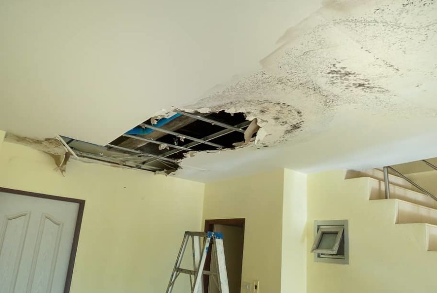 Active water leak staining on ceiling drywall