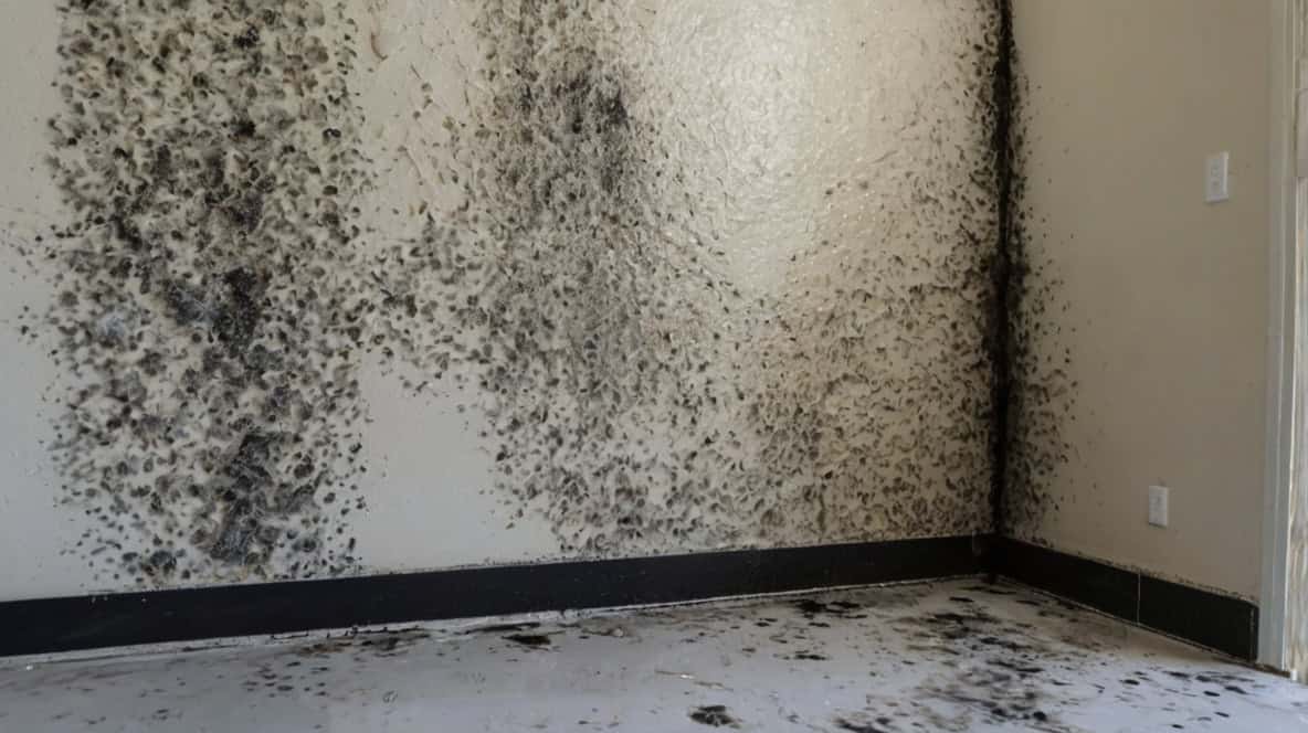 Black mold on drywall behind baseboard