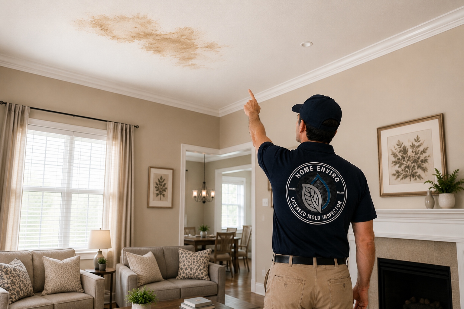 Home Enviro licensed mold inspector examining water damage on ceiling in South Florida home