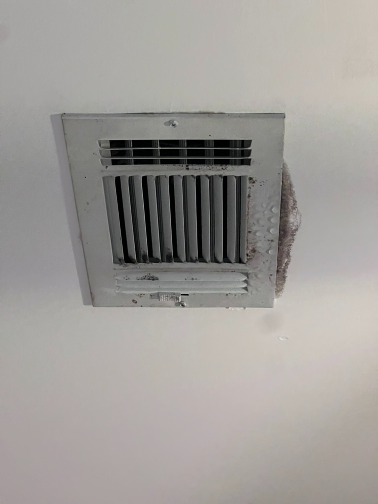 Ceiling HVAC supply vent with visible mold and dust buildup around the register frame during an HVAC mold investigation