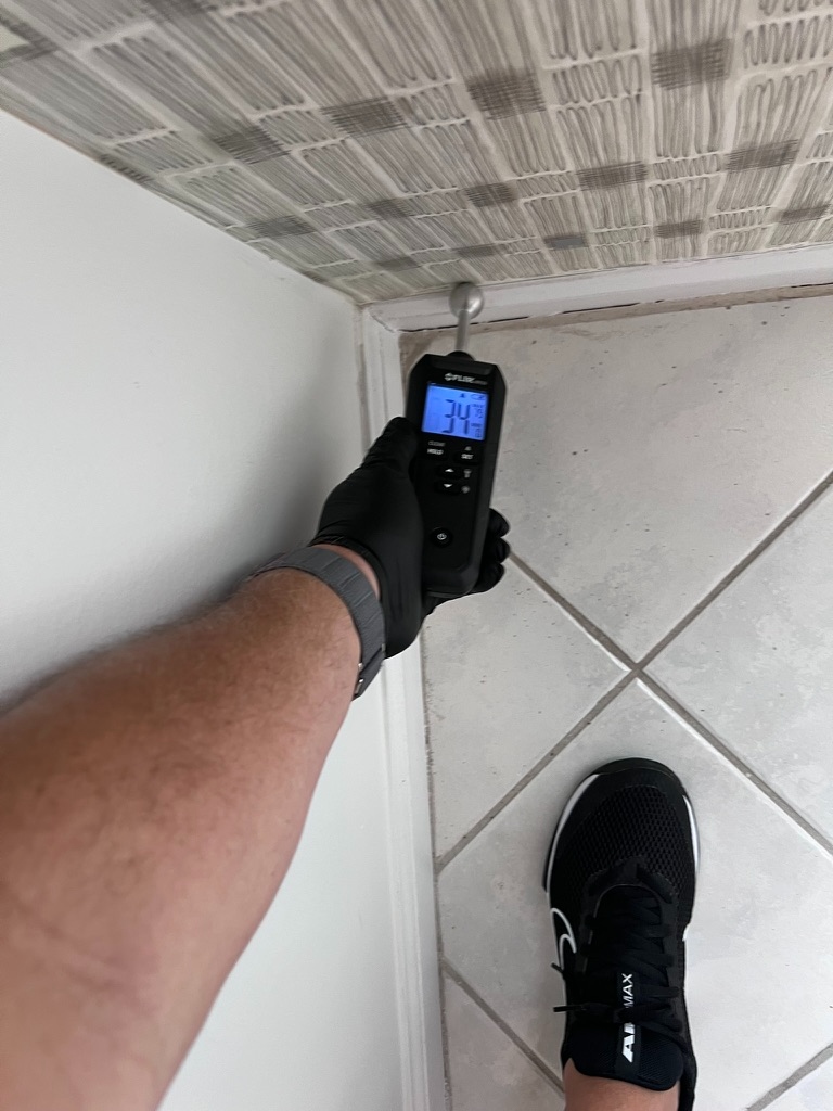 FLIR moisture meter reading moisture at a ceiling and door frame junction