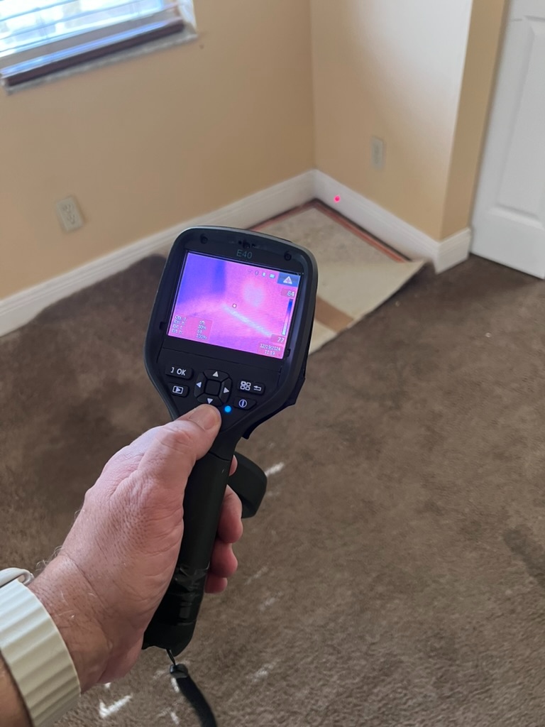 FLIR thermal camera reading a temperature anomaly along a baseboard and carpet junction